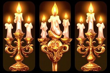 A set of three images, each depicting an ornate menorah with candles casting long shadows on a dark background