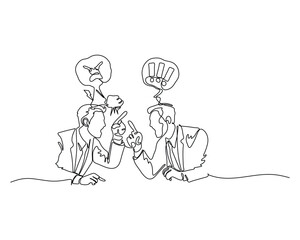 Continuous line drawing of two businessmen arguing intensely with expressive speech bubbles. Concept of workplace conflict, disagreement, emotional reaction, and miscommunication in business.