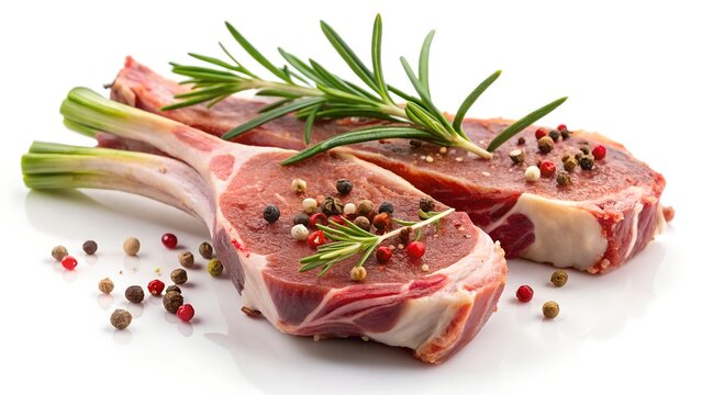 Two raw lamb chops with rosemary and peppercorns