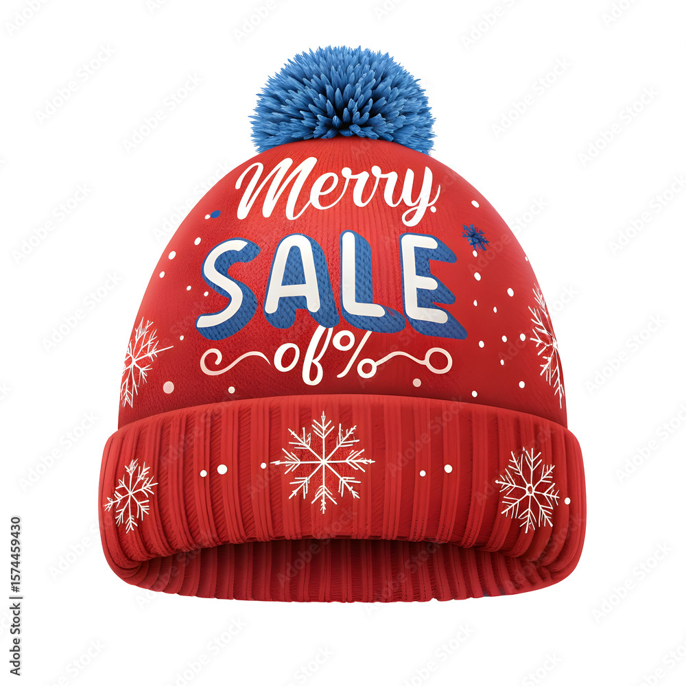 Poster red knitted winter hat with blue pompom and white snowflake pattern isolated on a transparent backgr