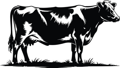 Black and white cow standing in grass livestock farm animal