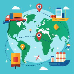 A blue background with a map of the world and various airplanes, ships, and trucks. Concept of global transportation and the interconnectedness of different countries and regions