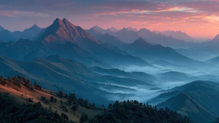 Obraz premium Scenic view of misty mountains under a vibrant sunrise, showcasing nature's beauty and tranquil atmosphere