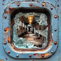 Forgotten Train Window Shards of Glass Rust and Decay Tell Tales of Time and Abandonment Reflecting a Dark Past