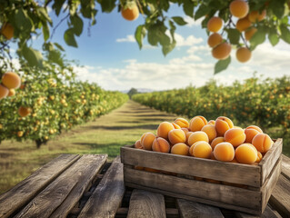A wooden box with ripe apricots stands on the table