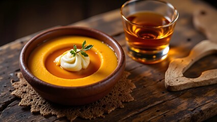 Kivevé Sweet, Creamy Pumpkin Squash Puree with Carrulim Spirit Mix of Caña, Rue, Lemon, Paraguayan Dessert and Drink