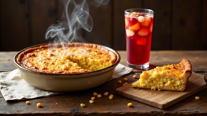 Sopa Paraguaya Cheese And Onion Corn Bread with Clericó Red Wine Fruit Punch, Paraguayan Food and Drink