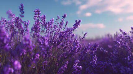 Fototapeta premium Vibrant lavender field in full bloom with a beautiful blue sky and soft clouds in the background.