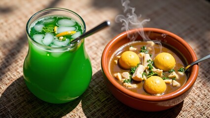 Vori Vori de Gallina Chicken, Corn, Cheese Stew with Tereré Cold Mate Green Tea, Paraguayan Food and Drink