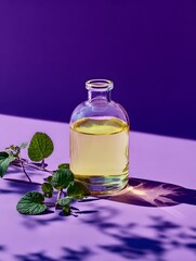 Essential oil bottle with mint leaves on purple background still life photo