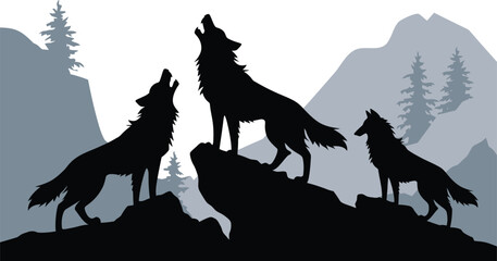 Three wolves howl at the moon amidst a tranquil mountain backdrop, evoking wildlife and wilderness vibes, silhouette