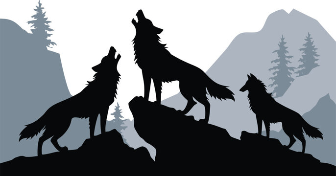 Three wolves howl at the moon amidst a tranquil mountain backdrop, evoking wildlife and wilderness vibes, silhouette