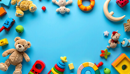 Obraz premium Top View Frame of Cute Kids Toys Arranged on Bright Blue Background for Nursery Playroom Decoration Preschool Learning or Children Gift Concept