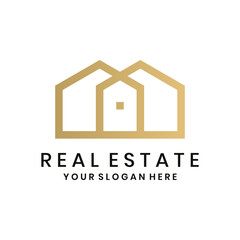 Elegant real estate logo with gold house lines, modern property and construction brand design