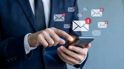 A man checks his phone for email messages, signifying communication and notification management with digital connectivity, social media interaction, and efficient office mobile workflow.