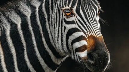 Striking zebra portrait features contrasting black and white stripes and intense, golden eyes against dark background