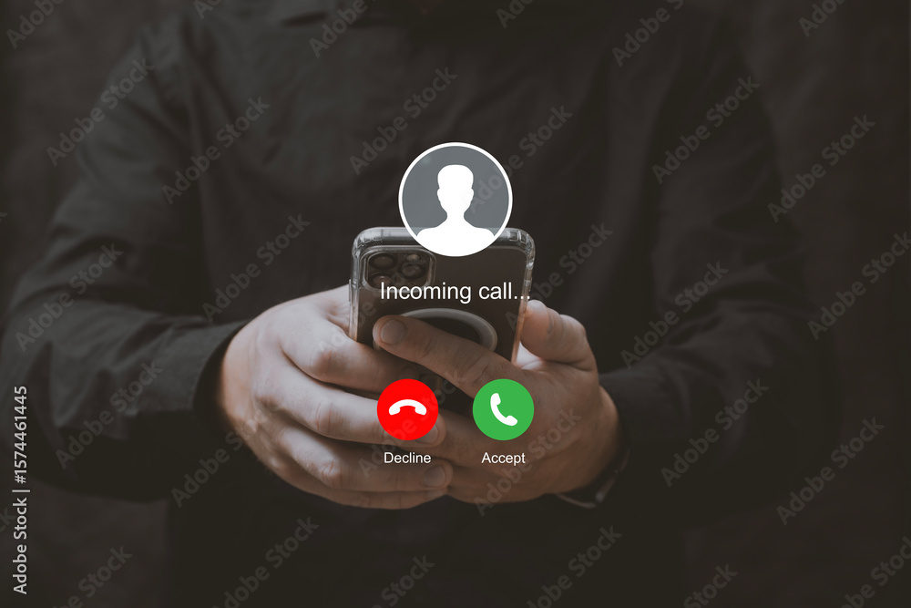 Poster man holding smartphone with incoming call interface screen. close-up of hands holding mobile phone w