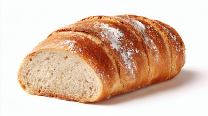 A close-up of a loaf of freshly baked, sliced bread on a white background.