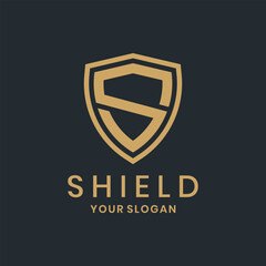 Golden shield logo with letter S, modern security and protection symbol design