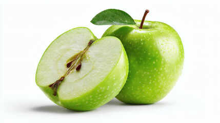 Fresh, juicy green apples, one halved, against a white background.
