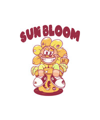 Illustration of a cartoon character of a sunflower sitting on a pot and wearing sun block, suitable for branding t-shirts, stickers, etc.