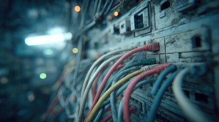 Close up of a messy server rack with colorful network cables connected