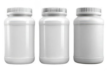 Three blank, white plastic jars with lids