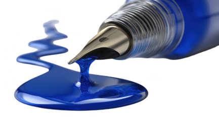 Blue ink drips from a fountain pen