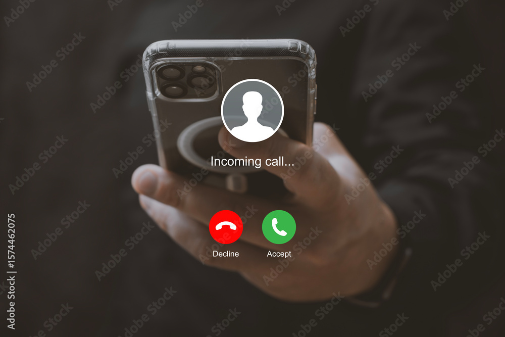 Poster man holding smartphone with incoming call interface screen. close-up of hands holding mobile phone w
