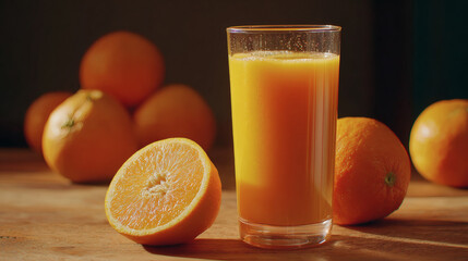 Glass of fresh orange juice with ripe oranges on a wooden table.
