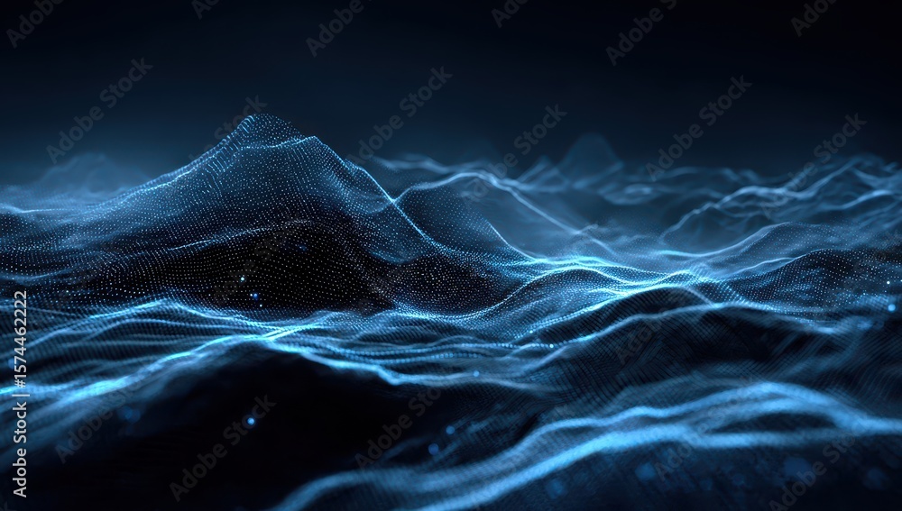 Poster abstract blue wireframe landscape of undulating hills with subtle light points