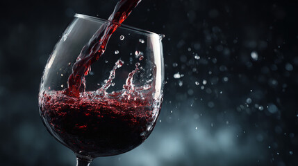 A glass of red wine being poured, creating dynamic splashes and a moody atmosphere.