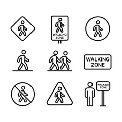 Pedestrian area and footpath navigation icons. Outline symbols. Line design