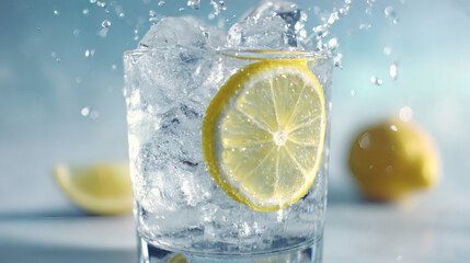 Refreshing glass of water with ice and a lemon slice, perfect for a hot day