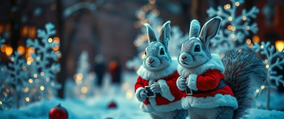 Christmas Bunnies in Santa Costumes in Snowy Wonderland