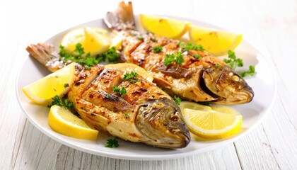 Grilled fish with lemon slices