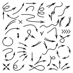 A large collection of hand-drawn vector arrows in various styles: curved, spiral, looping, straight, and dashed.