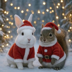 Cute Bunny and Squirrel in Santa Outfits in Winter Wonderland