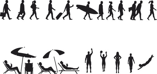 Vacation people silhouettes, beach activities, walking travelers, summer leisure, beach chairs, umbrellas, surfboard, diving, sunbathing, relaxing poses