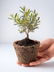 Close Up of a Young Olive Tree Sapling in a Biodegradable Pot Being Held by a Person