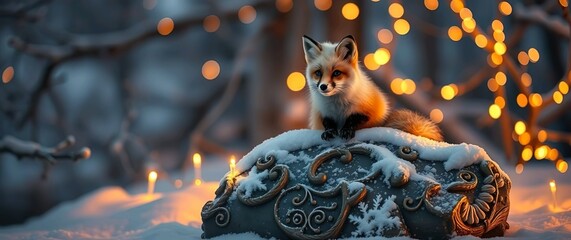 Cute Red Fox in Christmas Village Scene with Snow and Lights
