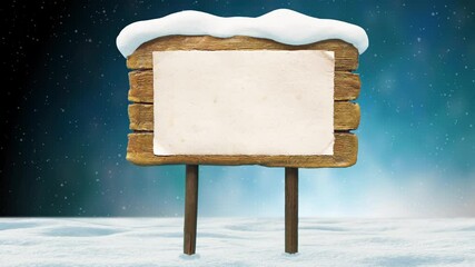 Wooden signboard in snow. Empty space for Your text. Snowing loop. - Powered by Adobe