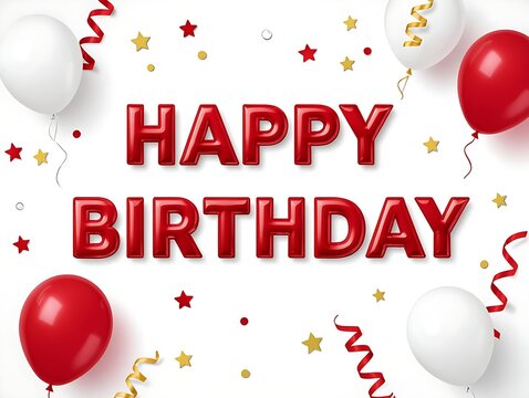 Festive Happy Birthday Celebration with Red Text Balloons Stars and Ribbons on a White Background for Party Decor