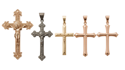Collection of elegant crucifix pendants crafted in gold and silver on transparent backdrop