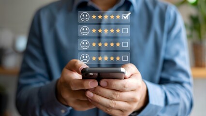 Man using a smartphone to provide feedback and rate a service, reflecting customer satisfaction and digital experience with a checkmark representing positive ratings.