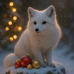 Christmas Arctic Fox with Festive Ornaments in Snowy Forest