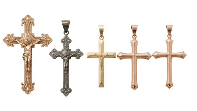 Collection of elegant crucifix pendants crafted in gold and silver on transparent backdrop