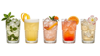 Exotic cocktails assortment, with citrus fruits, flowers and aromatic herbs, against a clean