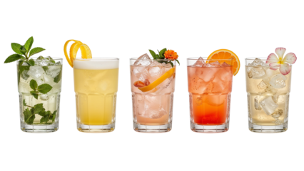 Exotic cocktails assortment, with citrus fruits, flowers and aromatic herbs, against a clean