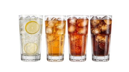 Refreshing assorted iced beverages in elegant glasses, variety of colors and flavors against an